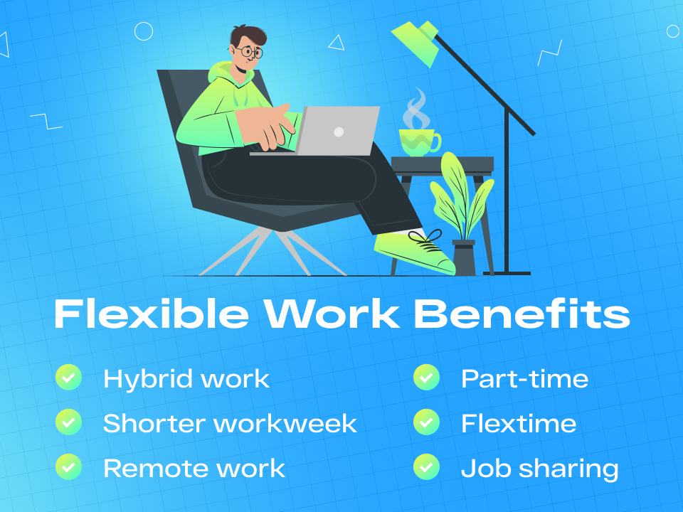Flexible Work Benefits: Hybrid work, Shorter workweek, Remote work, Part-time, Flextime, Job sharing